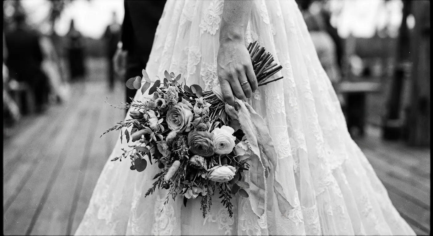 Black-and-white wedding detail of a bride holding a floral bouquet