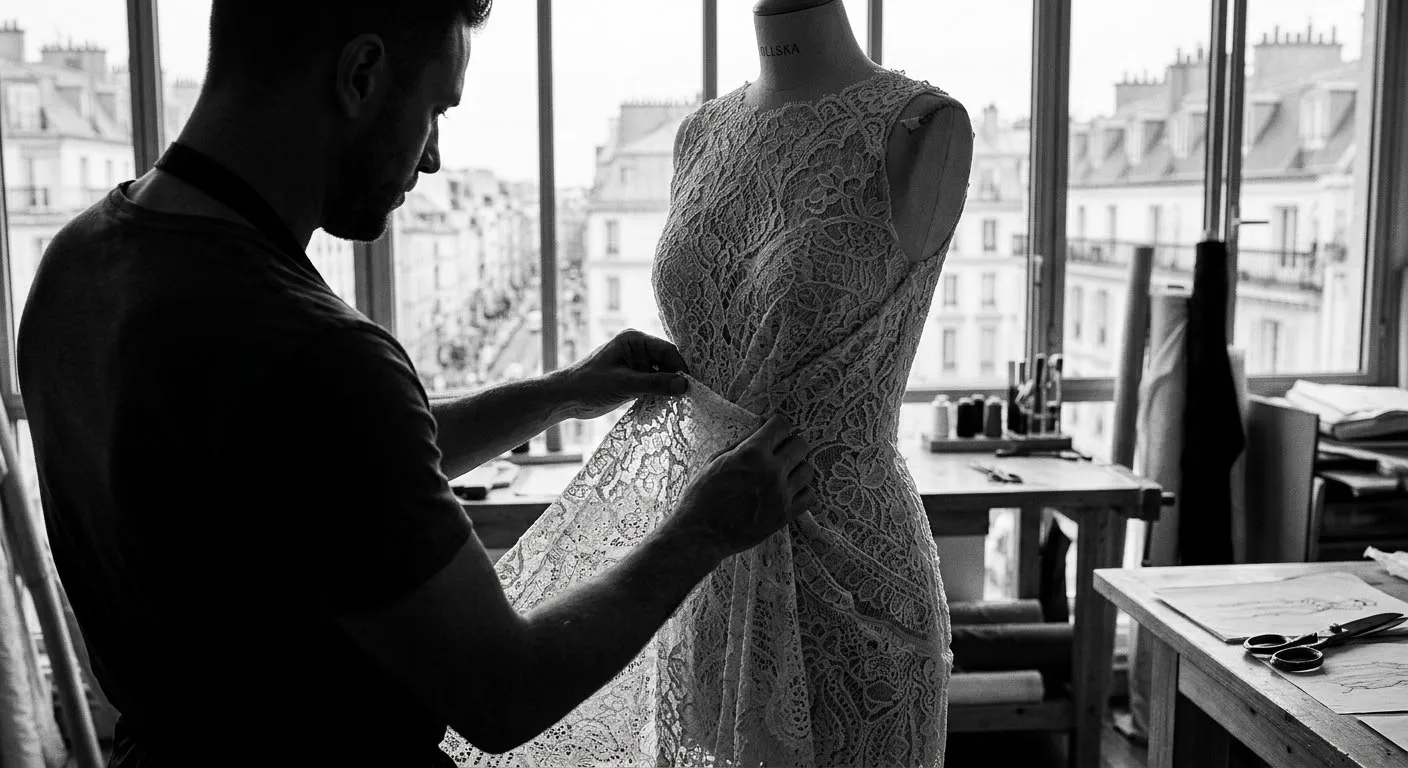 Designer fitting lace fabric on a dress form in a bright studio
