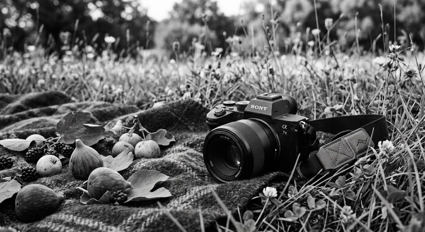 Sony camera resting in a meadow beside gathered leaves